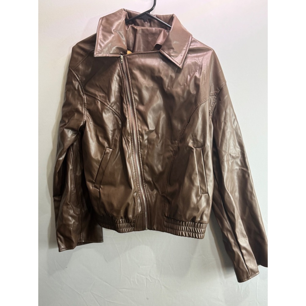 SHEIN Brown‎ Faux Leather Bomber Jacket Moto Zip Up Fleece Lined Collared Mens